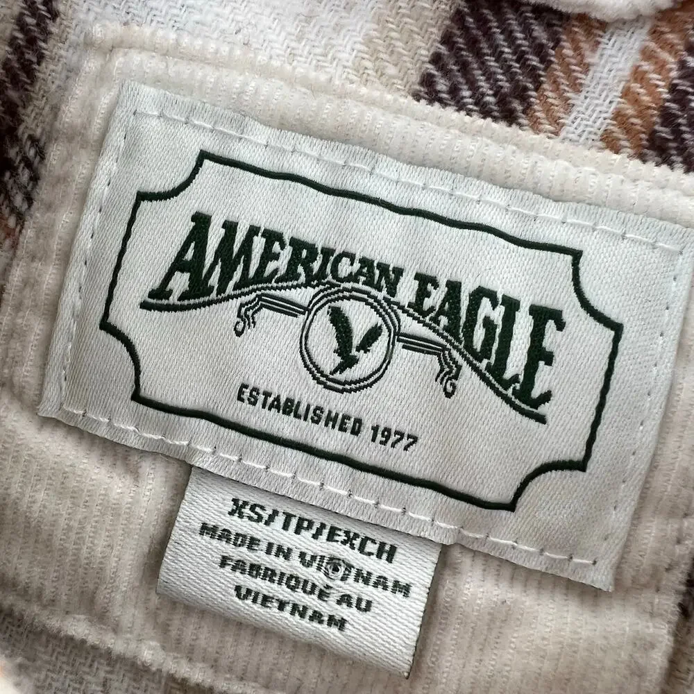 American Eagle Flannel Shirt Cropped XS Women Brown Beige 100% Cotton Neutral - Picture 4 of 6